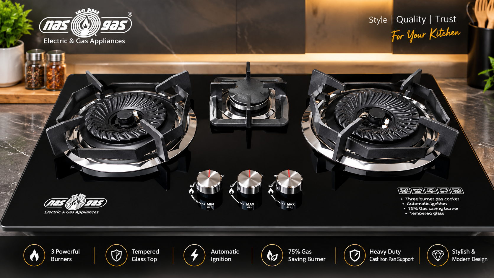 Close-up of a modern NAS GAS Kitchen Hob with multiple burners, available at Madni Electronics