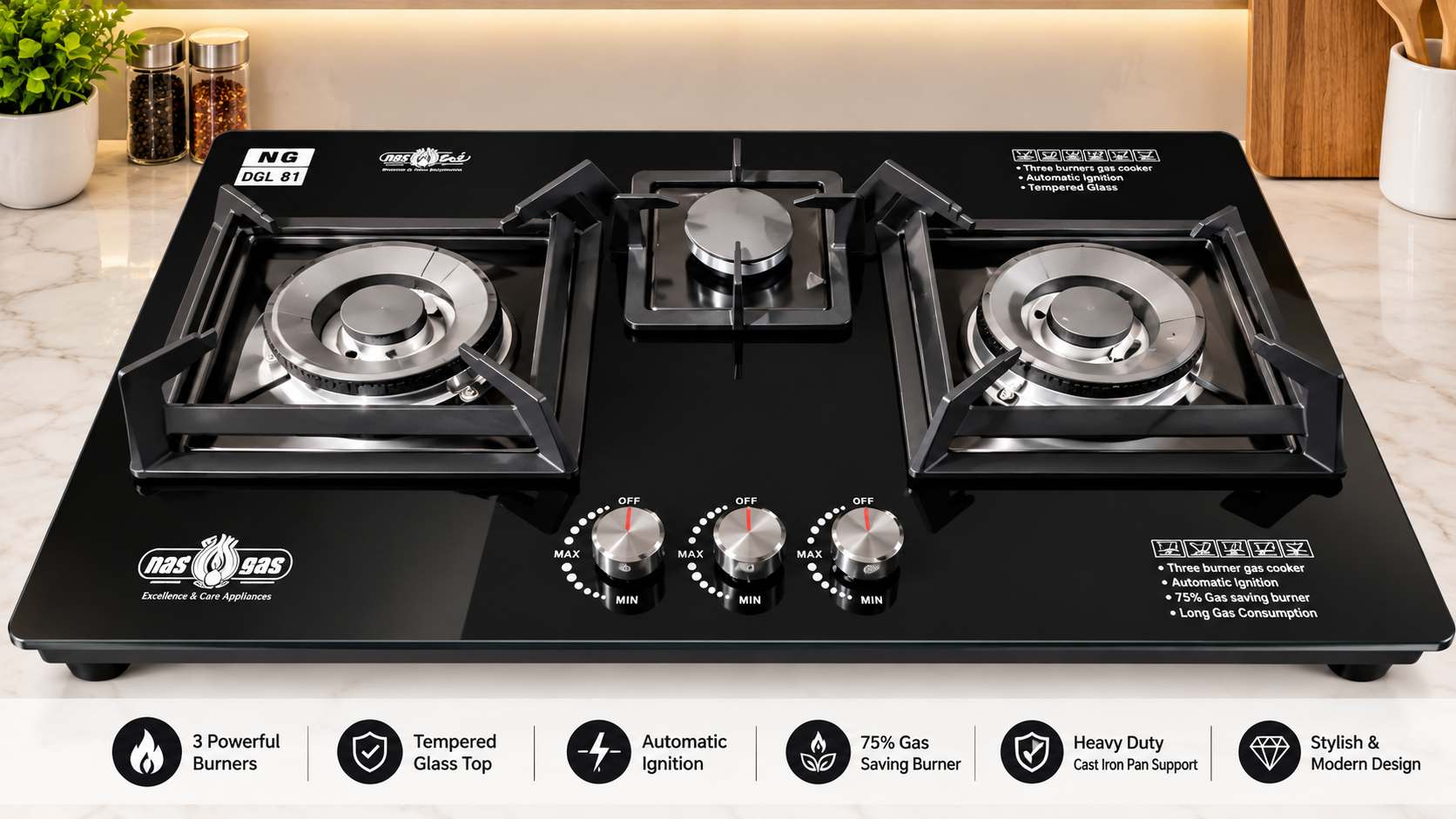Nasgas 3 Burner Glass Kitchen Hob DG-334 G — Madni Electronics