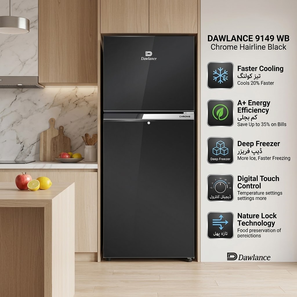 Dawlance Refrigerator 9149 WB Chrome Hairline Black — Madni Electronics