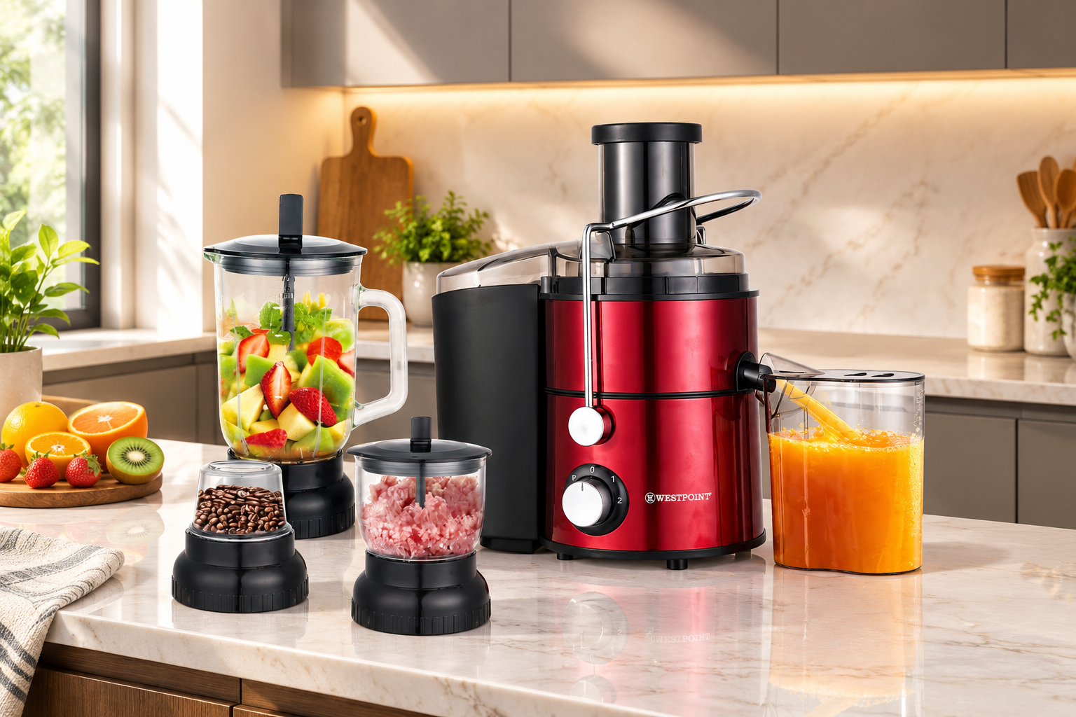 Westpoint Kitchen Chef WF-1834 Food Processor with various attachments available at Madni Electronics